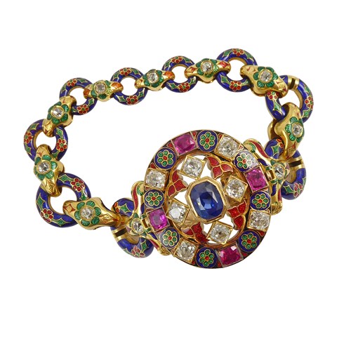 19th century diamond, sapphire, pink sapphire and enamel 'Holbeinesque' bracelet, English c.1850, the Renaissance revival style featuring principal oval cluster clasp to graduated circle link back,